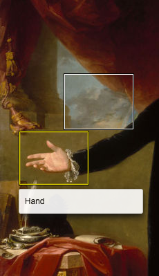A section of a painting showing drawpery in front of a cloudy sky in the background, and in the foreground an extended arm in black clothing with a hand, palm up. A white-edged rectangle outlines one of the clouds. A yellow-edged rectangle surrounds the hand, with a caption below it stating "Hand"