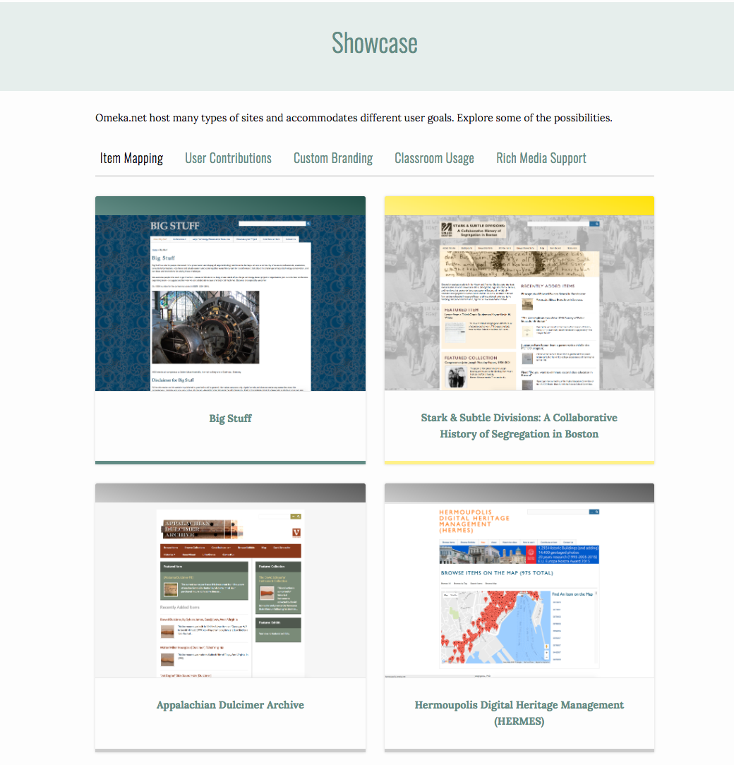 The new showcase page, with four sites featured: Big Stuff, Stark & Subtle Divisions, Appalachian Dulcimer Archive, and Hermoupolis Digital Heritage Management