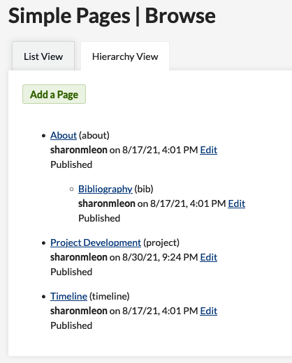 View showing hierarchy of simple pages.