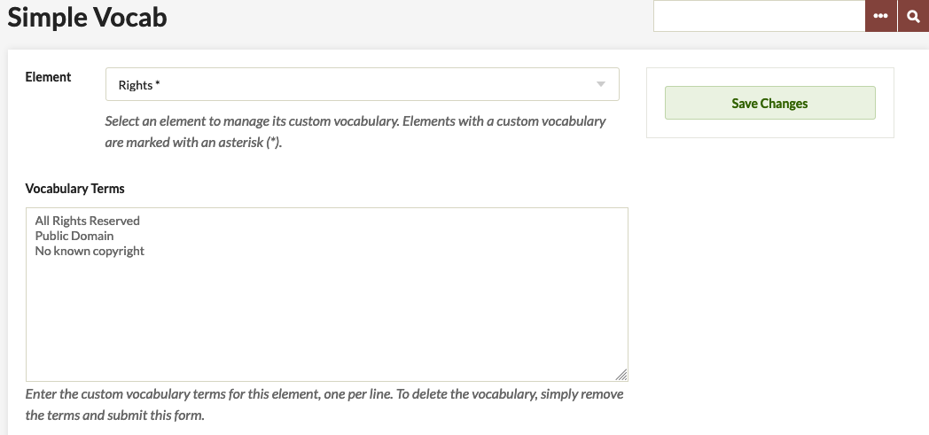 View showing the Rights element selected and All Rights Reservered, Public Domain, and No known copyright entered as terms.