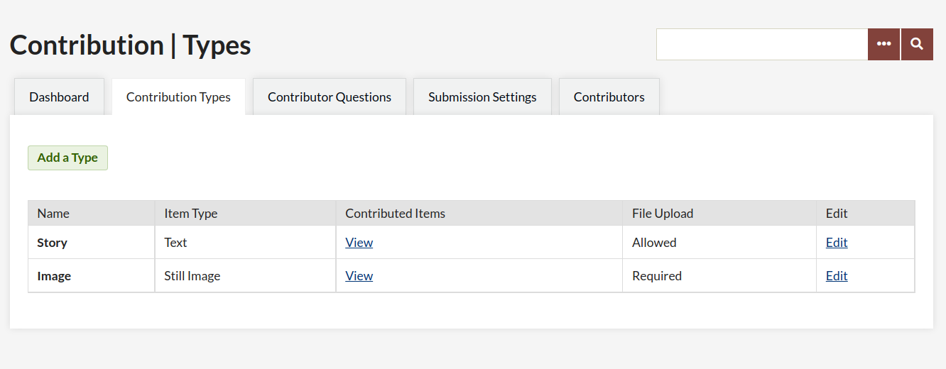 Contribution types dashboard on the admin site