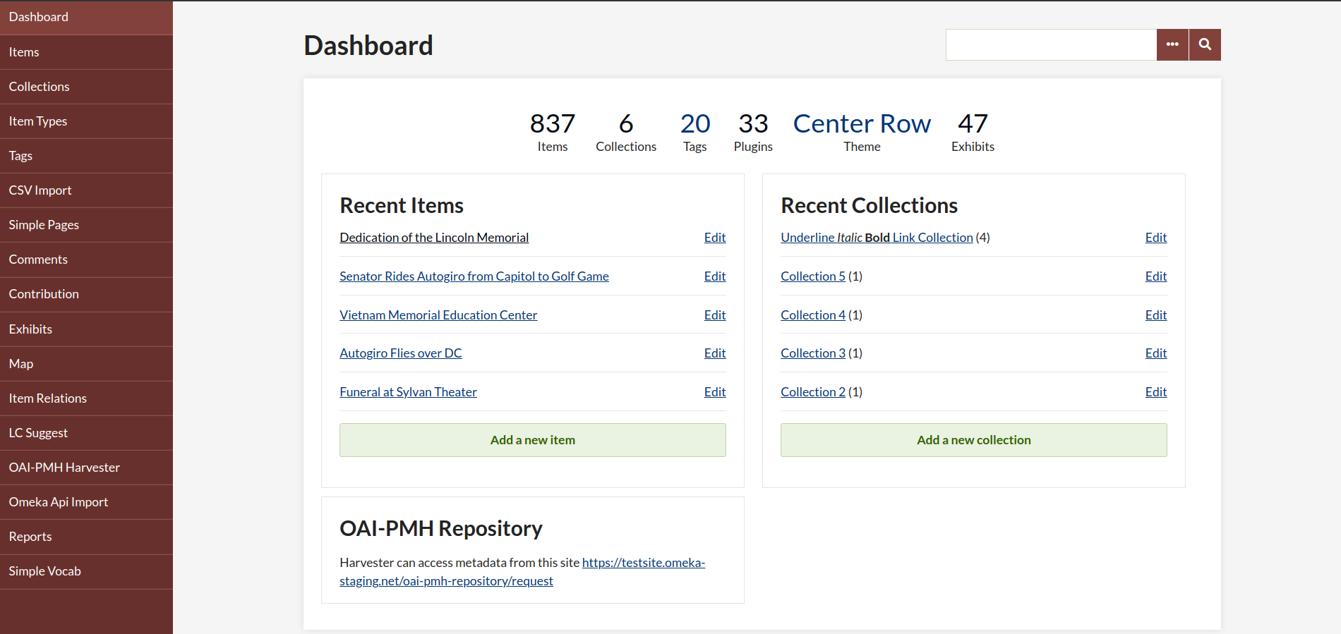 Overview of the Omeka dashboard