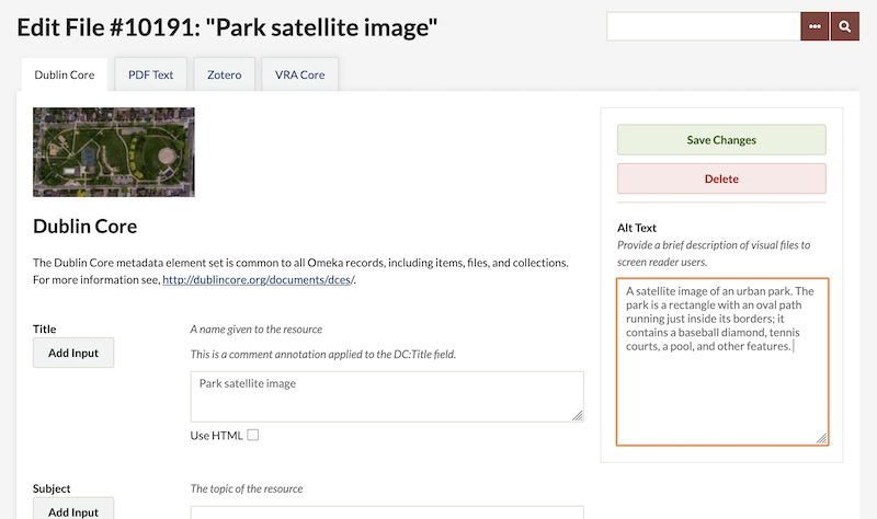 The Alt Text field in the file element editing screen, under the "Save" button, in the right-most column.