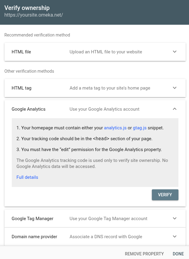 Google Analytics interface to enter URL