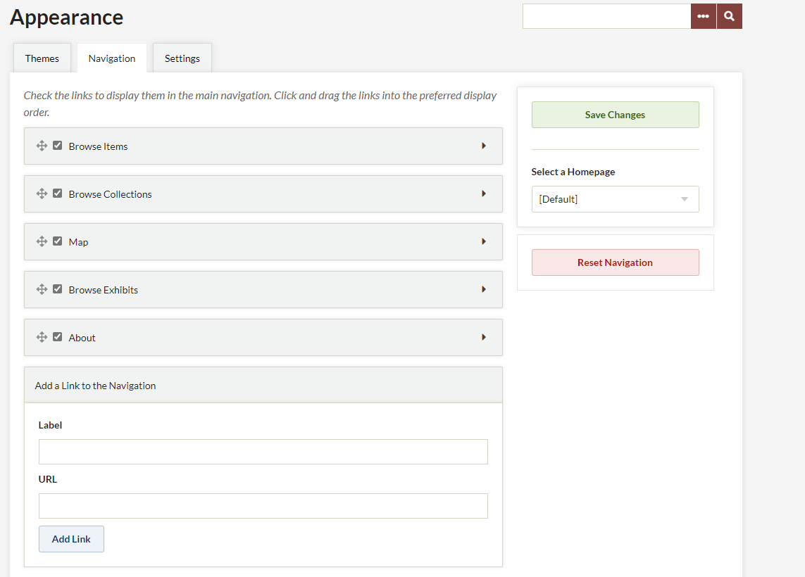 Admin view of navigation settings