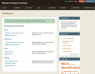 Omeka Classic 1.0 Dashboard image.