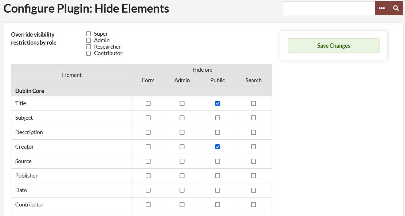 Hide elements options page