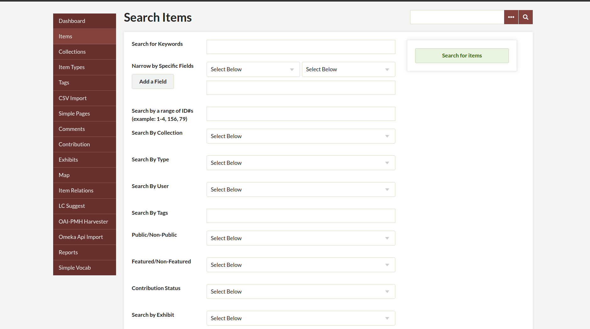 Admin view of the advanced search options, as described in the list below.