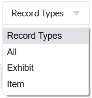 Close up of the record types selector, showing the options for All, Exhibit, and Item