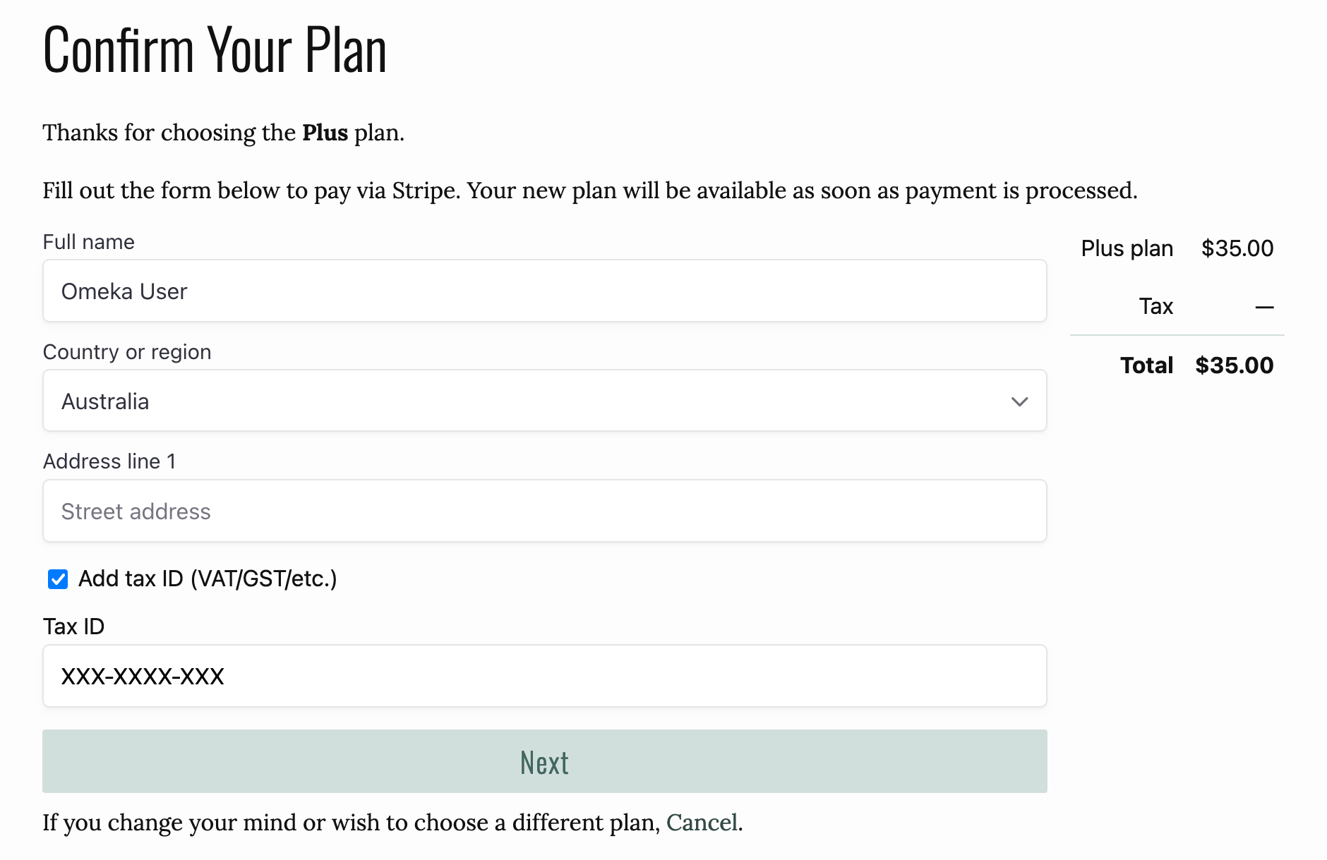 Omeka.net upgrade info panel with VAT id input